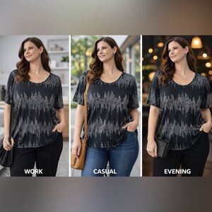 Western II Connection Black Silver Glitter Top 1X Plus Size Stretch Short Sleeve